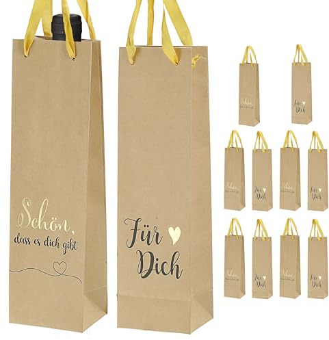 Flaschentüte 'Für Dich' 2 Motive 12er Set | 8x35x8cm Papier 160gsm naturfarben | Geschenkverpackung für Flaschen
