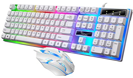 SOIMISS Teclado y Ratón para Pc para Juegos Ergonómico Cableado Led Retroiluminado Resistente a Líquidos para Gamers Color Blanco