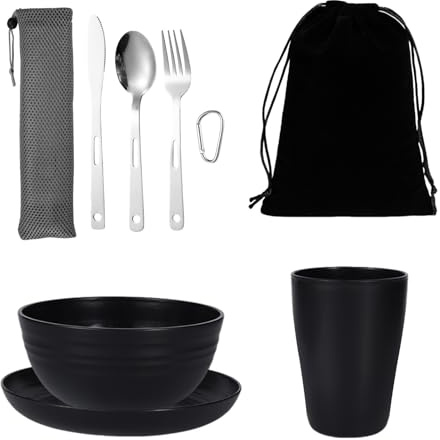 Set di Posate da Campeggio Riutilizzabile Tazza Leggera Ciotola Piatto e Set di Posate in Acciaio Inossidabile con Borsa Set di stoviglie da campeggio Lavabile in Lavastoviglie per Viaggi Picnic