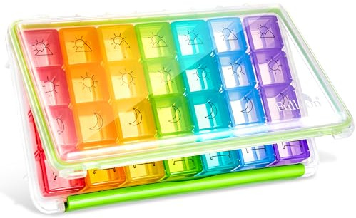 Fullicon Tablettenbox 7 Tage Groß, 4 Fächer pro Tag, Medikamentenbox mit Großer Kapazität, Feuchtigkeitsgeschützt, Ideal für Reise, Vitamine & Supplements (Transparent und Grün)