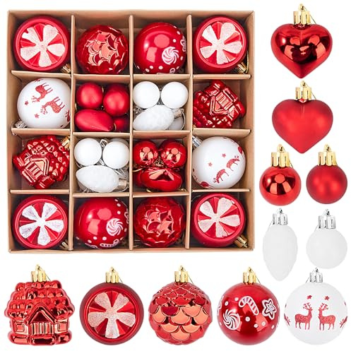 40 Piezas Bolas de Navidad Rojas y Blancas, 3~6cm Adornos de Bolas Arbol de Navidad de Plástico Inastillables, Regalos de Colgantes de Navidad, Decoración para Fiestas, Festiva