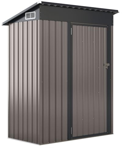GOPLUS Gerätehaus Metall, 150 x 90,5 x 185 cm Geräteschuppen klein mit Pultdach, Schiebetür & Lüftungsfenster, Gartenhütte abschließbar, Gartenhaus Gartenschrank für Garten Balkon (Grau)