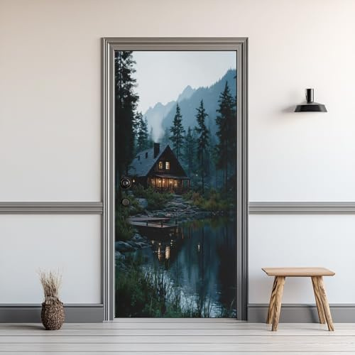 Waldhütte Türaufkleber 3D Wald Berge See Türtapete Selbstklebend Natürliche Landschaft Türfolie TürPoster Innentür PVC Wasserdicht Abnehmbar für Wohnzimmer Schlafzimmer Bad 80x200cm