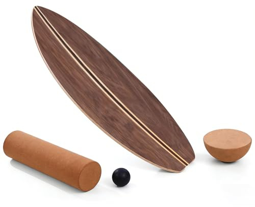 Balance Board, Holz Balance Board Erwachsene Gleichgewichtstrainer Mit Korkrolle, Kork Halbkugel und Gummiball, Balance-Trainer mit rutschfester Oberflächenbehandlung (Braun)