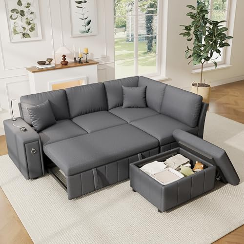 Merax Ecksofa mit Schlaffunktion und Stauraum-Hocker, L-Form Schlafsofa Ausziehbar mit Ausklappbarem Couchtisch, USB+Type-C, Leselicht & Armlehnen-Staufach, Leinen, Schlafcouch für Wohnzimmer, Grau