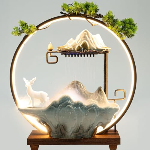 Fontana d'acqua da tavolo con anello luminoso a LED, per interni, cascata, nebbia, fontana, umidificatore con porta incenso, piante rocciose, paesaggio artificiale per la decorazione di casa e ufficio