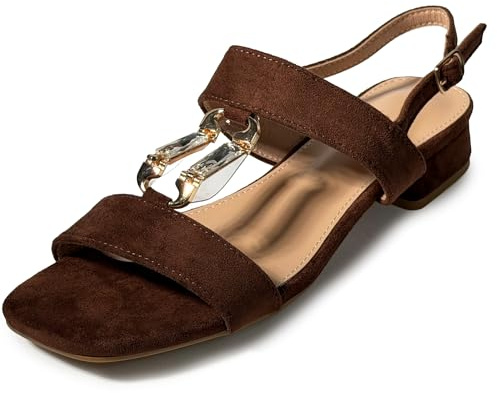 MISSCAI Sandali Estivi Donna Eleganti con Tacco Basso 3.5 cm Sandali Effetto Camoscio con Strass Punta Aperta Cinturino alla Caviglia con Fibbia Tacco Largo Comodo per Cerimonia e Sera Marrone 39