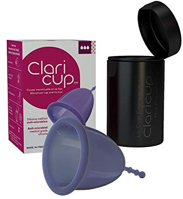 Claricup - Tazza mestruale in silicone medico antimicrobico, prodotta in Francia, fornita con scatola per il trasporto e la disinfezione, taglia 3