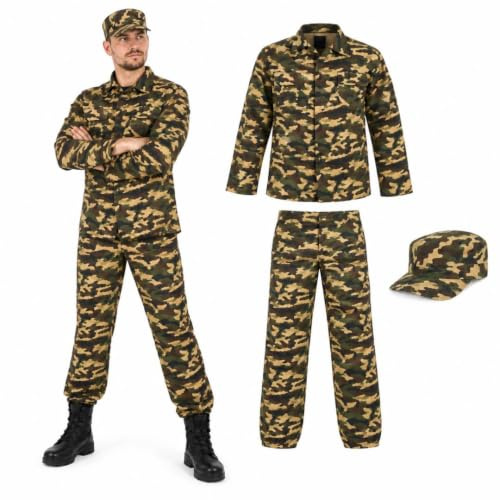 I LOVE FANCY DRESS LTD Armékostym för män. Action Man Soldier kostym för män. Kamouflage kostym i grönt, khaki, brun och beige. Army-jacka + matchande army-byxor + matchande army-byxor + matchande army-mössa.
