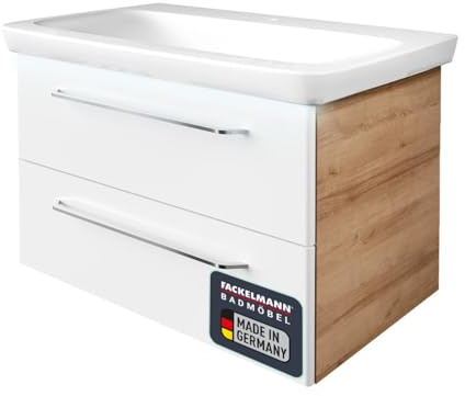 FACKELMANN Milano Badmöbel Set 3 Teile – Waschbecken aus Keramik in Weiß mit Unterschrank in Weiß mit Holz braun – Waschbeckenunterschrank mit Schubladen und Beleuchtung – 88 cm breit