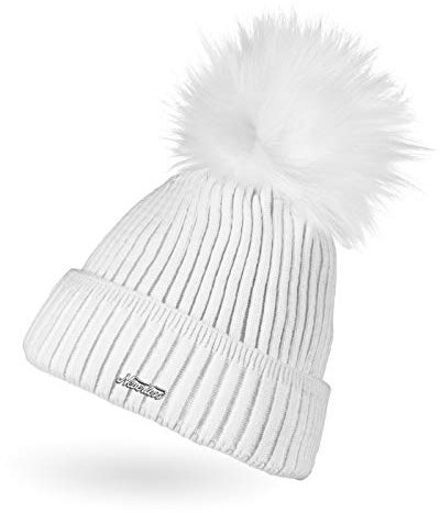 Neverless® Damen Strick-Mütze gefüttert Fell-Bommel Kunstfell Bommelmütze Umschlag Rippenmuster Weiss