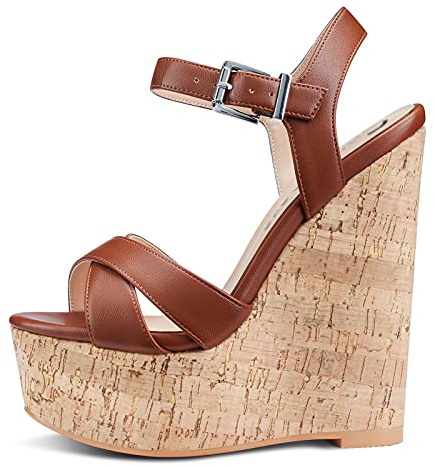 NobleOnly Zapatos de Tacón Mujer Cuña Sandalias Moda Slingback Plataforma 16CM Wedge High Heels Marrón Mate Zapatos EU 39