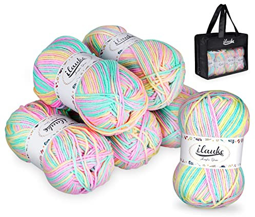 Farbe Acryl Wolle Zum Häkeln, ilauke 6er *50 g/Rolle Acryl Garnknäuel, Häkelgarn für Anfänger mit Tragetasche,Weiches Handstrickgarn Set zum Stricken, Häkeln und DIY Kunsthandwerk (Rosa Gelb und Blau)