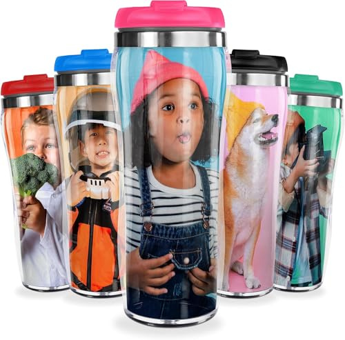 Pixly® Personalised Custom Photo Thermal Travel Mug - 400ml/14oz Capacity - Stainless Steel Coffee Tea Flask with Picture - Black, Red, Blue, Pink (Pink)
