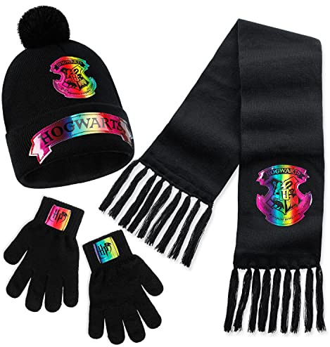 Harry Potter Mütze Schal Handschuhe Set für Mädchen & Teenager 7-14 Jahre, 3-teiliges Winterset Kinder, Geschenke für Mädchen