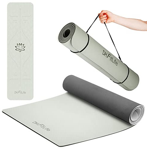 DH FitLife Yogamatte aus TPE, 183 x 61 x 0,6 cm, Gymnastikmatte Trainingsmatte beidseitig rutschfest & umweltfreundlich, Fitnessmatte mit Orientierungslinien (Grau)
