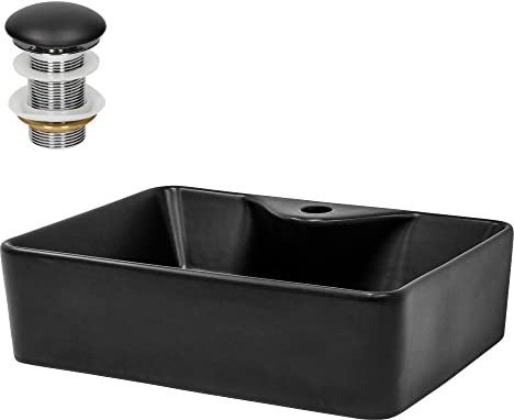 ML-Design Lavabo da Appoggio in Ceramica Nero Opaco Rettangolare Ø 490 x 365 x 140 mm Lavandino Design Moderno Lavamani con Foro di Scarico e Piletta Lavello Elegante Sanitari per Bagno Toilette WC