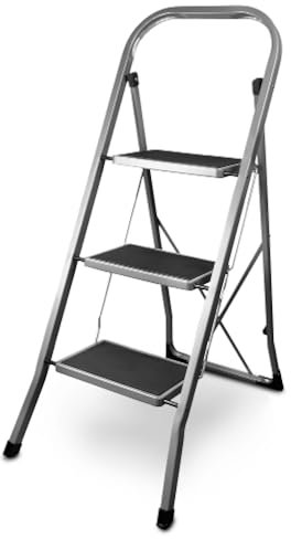 siwitec Trittleiter, Faltbare Leiter mit 3 Stufen, Klapptritt aus Stahl bis 150 kg belastbar, Tritthocker klappbar, TÜV/GS Zertifiziert, anthrazit