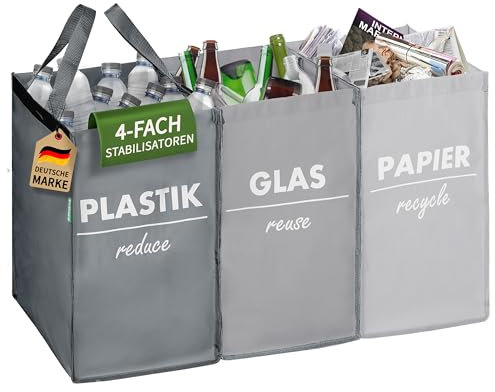 COTTARA® Sistema di raccolta differenziata della spazzatura in plastica, vetro, carta | stabilizzatori in bambù | Borse Raccolta Differenziata 3 Contenitori | grigio