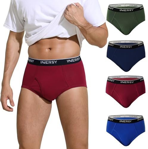 INNERSY Briefs Men Cotton Underpants with Fly Pants Underwear Breathable Hipster Multipack 4 (M, Blue/Wine/Green/Navy)