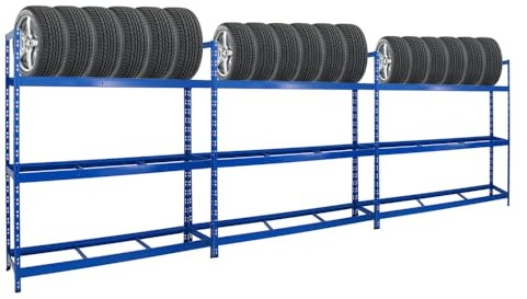PROREGAL Mega Deal 3X Étagère à pneus Tiger XL | HxLxP 200x180x45cm | Charge Max. 300kg | Jusqu'à 63 pneus | Bleu | Porte-Pneu, Rack à pneus, rayonnage, Stockage, Rangement, Support, Atelier, Garage