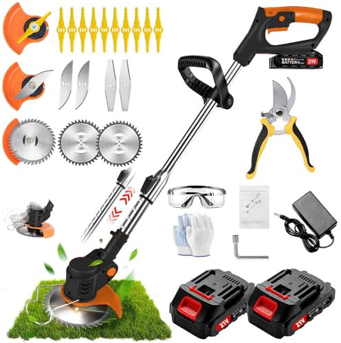 Decespugliatore a Batteria, Tagliabordi a Batteria, Decespugliatore Elettrico con 2 batterie 21V 2.0Ah e caricatore, Tagliabordi Elettrico Con Lama in Metallo, Per i Giardini Domestici
