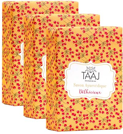 TAAJ | Ayurvedische Kohleseife | Reinigt die Haut von Giftstoffen und Unreinheiten | Erhält das natürliche Gleichgewicht der Haut | Vegan | Menge von 3x100GR