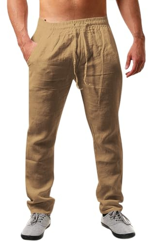 Runcati Pantalon léger en Lin pour Homme avec Cordon | Pantalon léger en lin pour homme avec cordon