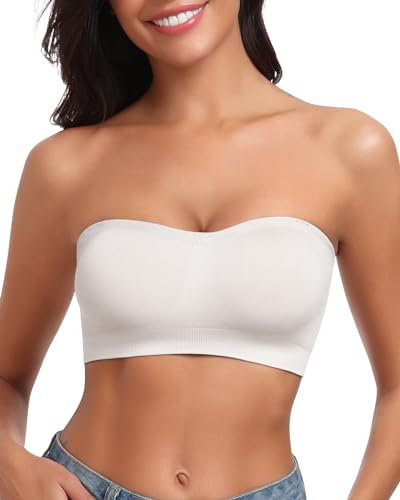 LEYSHE Trägerloser BH ohne Bügel Nahtlose Pull-on Bandeau BH Gepolsterter Damen Bustier ohne Träger Tube Top mit Transparenten Trägern,WH,M