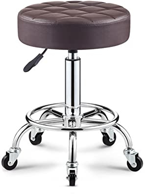 Generisch Drehhocker mit Rollen, runder Arbeitsstuhl aus PU-Leder, höhenverstellbarer Bürohocker für Spa, Tattoo-Salon, Tattoo-Arbeit, Mokka (Kaffee)