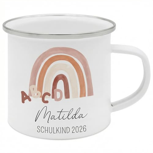 Bärenfreunde Personalisierte Emaille Tasse Kinder mit hochwertigem Spezial-Druck – Bruchsicher, Leicht & Umweltfreundlich – Geschenk Schulanfang, Schuleinführung (Regenbogen rosa)