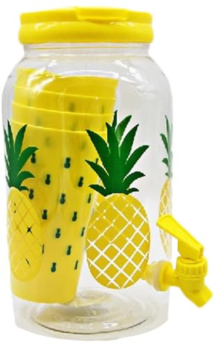 Getränkespender Mit Zapfhahn, 3.8L Wasserspender Saftspender Kunststoff, Saftspender Mit Wasserhahn, Griff, Tassen, Summer Motiv Karaffe Hervorragend Für Kinder Matschküche Plastik Outdoor