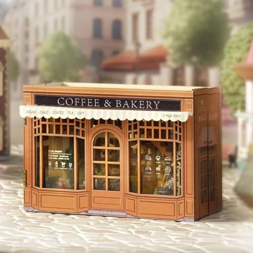 CUTEROOM Book Nook, DIY Miniature BookNook Kit with LED Lights-Coffee & Bakery