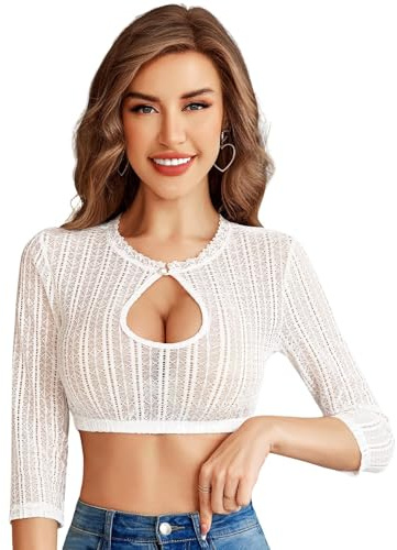 Funspread Damen Dirndl Bluse Spitze - Weiß Dirndlbluse Langarm Dirndlblusen Tracht Bluse für Oktoberfest