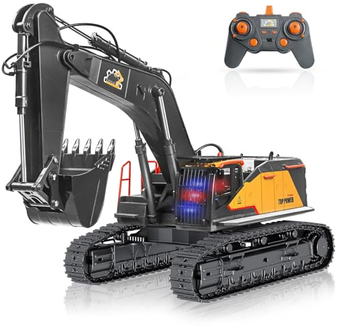 FUYLE 22 Channel Remote Control Excavator, 1/14 Scale RC Excavator Metal Shovel Independent Arms, Professional Construction Vehicles with Lights Sounds, Best Gift for 8+ Years Old Boys Adults