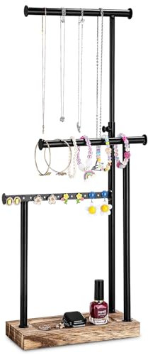 Azyvum Schmuckständer Schmuckhalter Holz Metall Kettenhalter 3 Stäbe Drehbar Schmuckbaum Schmuckaufbewahrung für Ketten Ohrringen Ringen Uhren und Armbändern, Geschenk für Damen