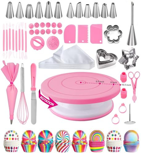 Kit Patisserie,Plateau Tournant Patisserie,Patisserie Accessoire,Ustensiles à Pâtisserie Inclure Plateau Tournant, Poche a Douille, Decoration Gateau Anniversaire (Couleur rose)
