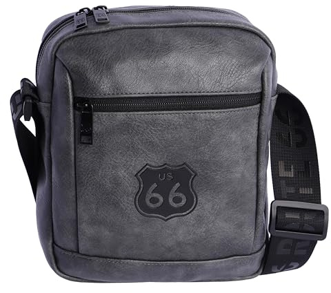 ROUTE 66 - Borsa Uomo - Borsa a tracolla Uomo - Borsa a tracolla uomo - Borsa a tracolla in pelle - regalo per uso quotidiano, viaggi, affari, Edu, grigio