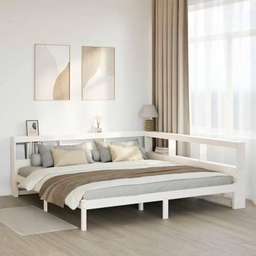 vidaXL Massivholzbett mit Regal ohne Matratze Weiß 200x200 cm Kiefer, Holzbett mit Regal, Massivholzbett mit Regal, Bett, Holzbett mit Bücherregal