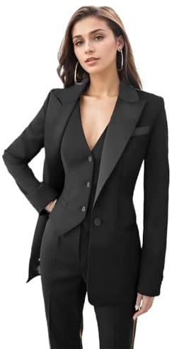 DXSHCV Damen-Smoking, 3-teiliges Anzug-Set für Damen, Blazer, Hose, Weste, Business-Outfit, Schwarz, 40