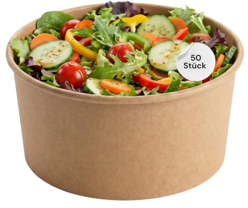 LogiPack GeRo 50 Stück Kraft-Karton Salatschale, 1000ml Ø150mm x 75mm höhe | ideal zum Transportieren von Salaten und Bowls, Karton-Schale braun rund (Schale)