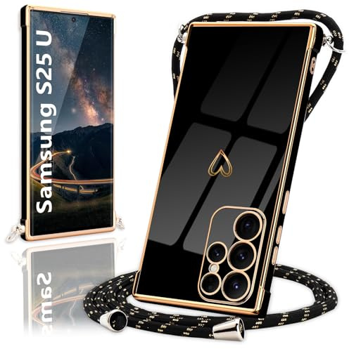 Micoden Handykette für Samsung Galaxy S25 Ultra Hülle mit Band Herz | Necklace Handyhülle Kameraschutz Herz Love Design Slim Galvanik Silikon TPU Case Kordel zum Umhängen Schutzhülle, Schwarz