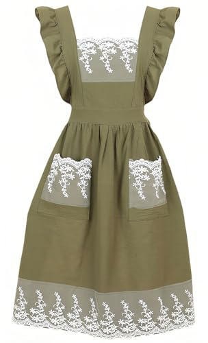 G-LIKE Damen Mädchen Vintage Schürze – Klassische Ärmellose Küchenschürze Retro Kittelschürze Baumwolle mit Spitzen Taschen Schnüren Ölbeständig Schmutzabweisend für Kochen Backen Grillen