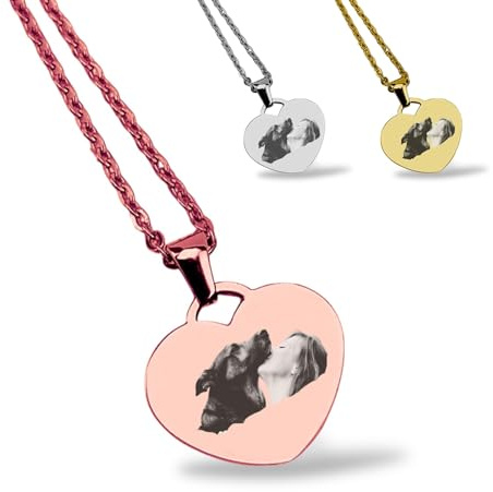 Golden Paw Halskette personalisiert Portrait Gravur Gesicht, Haustier oder Kind | Rosegold Edelstahl Herz | Bild gravieren, Geschenk, Erinnerung von Hund, Katze, Pferd | ⌀20mm