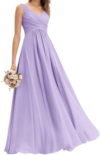 HPPEE Abito da donna in chiffon da damigella d'onore, plissettato, senza maniche, stile impero, lungo, formale, da, Lilla, 50