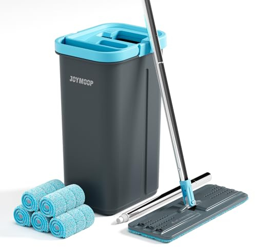 JOYMOOP Wischmopp- und Eimer-Set mit Auswringer, mit 5 wiederverwendbaren Mikrofaser-Wischpads, Wischmopps für Bodenreinigung und Wandreinigung, freihändiger Flachmopp für den Heimgebrauch – Grau +