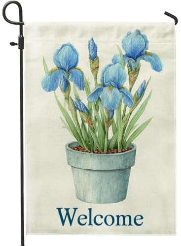Spring Summer Blue Iris Garden Flag, Welcome Floral Home Decor Banner, Double Sided Burlap Yard Flag for Outdoor Lawn Decoration 12x18 Inch
