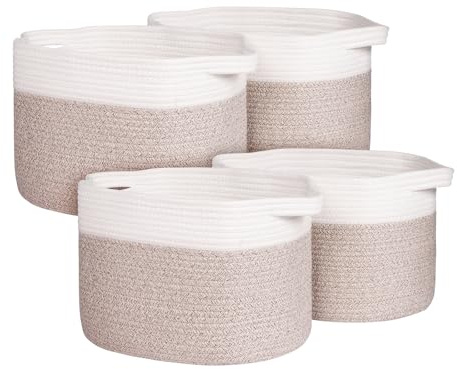 KEEGH 4-Pack Toy Storage Baskets, Large Foldable Woven Cotton Rope Laundry Basket with Handle, Empty Gift Baskets Decor for Kids Classroom, Blanket Basket for Living Room, Shoe Baskets, White & Khaki