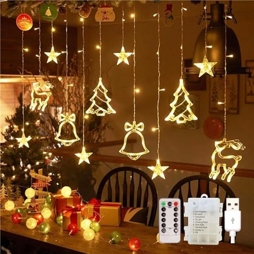FemKey Cortina de Luces Navidad, 3.5M 120 LED Guirnaldas Luminosas Estrellas 8 Modes Pilas/USB, IP44, Luces Cadena de Ventana Interior Exterior, Decoración de Navidad Fiesta, Balcón
