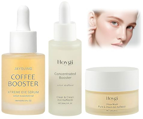 3 Stück Concentrated Booster, Gesichtspflege Set, Feuchtigkeitspflege | Koffein Augenserum AntiAging,Glow Mask mit Kaffeeöl,Augenserum Augenringe Entfernen,Reduziert Sichtbare Poren,Tiefenreinigung